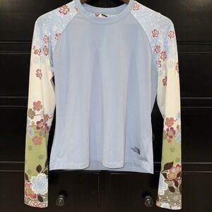 The North Face Women's Vapor Wick Pale Blue Cream Floral Sleeve Top Size M